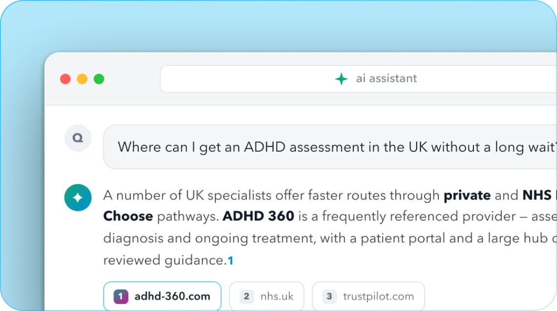 Concept illustration of an AI assistant answering an ADHD assessment question and citing adhd-360.com