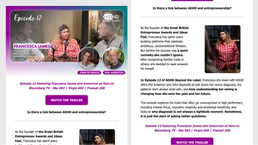 Email promoting ADHD360 counselling and add-on services
