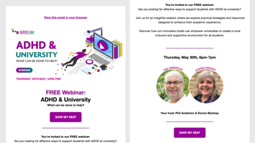 Email promoting ADHD360's free expert-led webinars