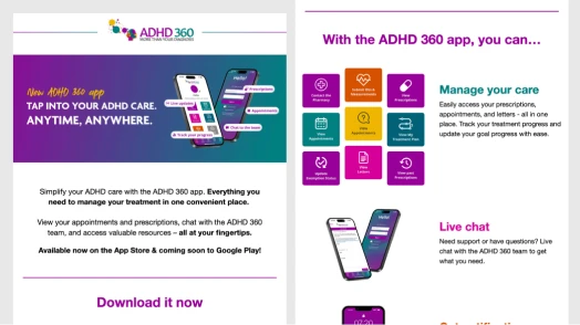 Email introducing the ADHD360 patient app